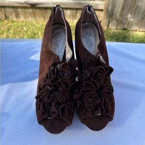 Qupid  Dark Brown Heeled Shoes with Ruffle Accents